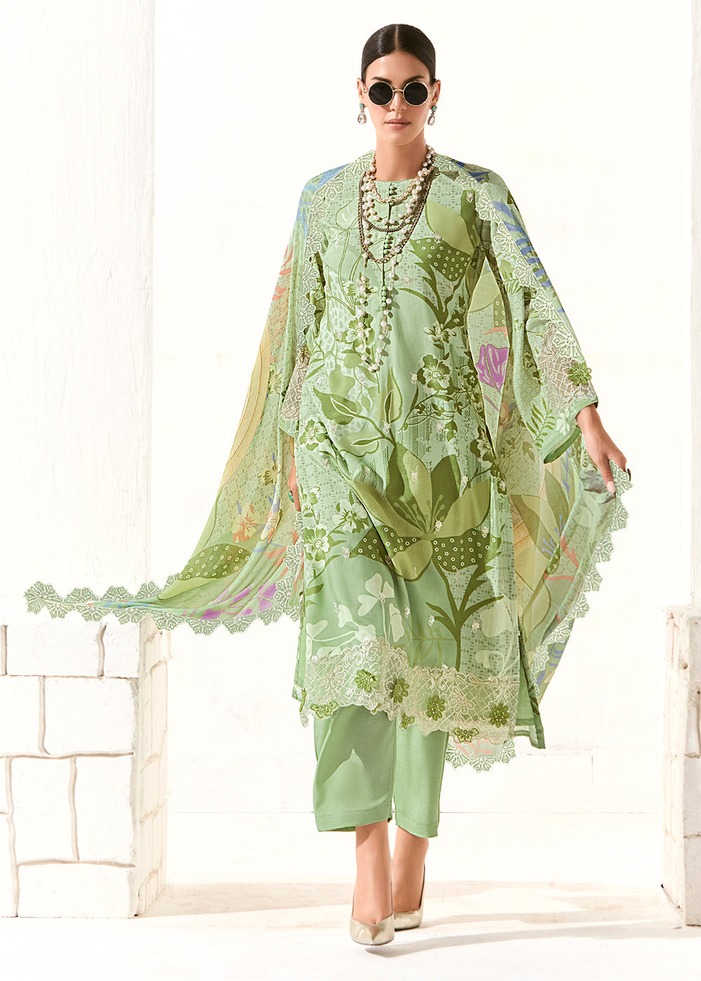 Buy Now Green Printed & Embroidered Muslin Salwar Suit Online in US, UK, Canada, Germany, Italy, France, Australia, Norway, UAE & Worldwide at Empress Clothing.