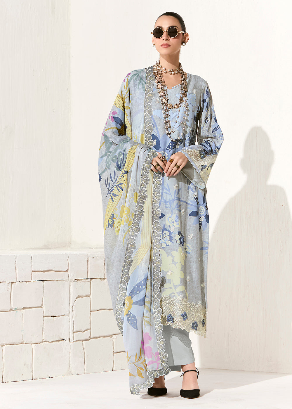 Buy Now Grey Printed & Embroidered Muslin Salwar Suit Online in US, UK, Canada, Germany, Italy, France, Australia, Norway, UAE & Worldwide at Empress Clothing.