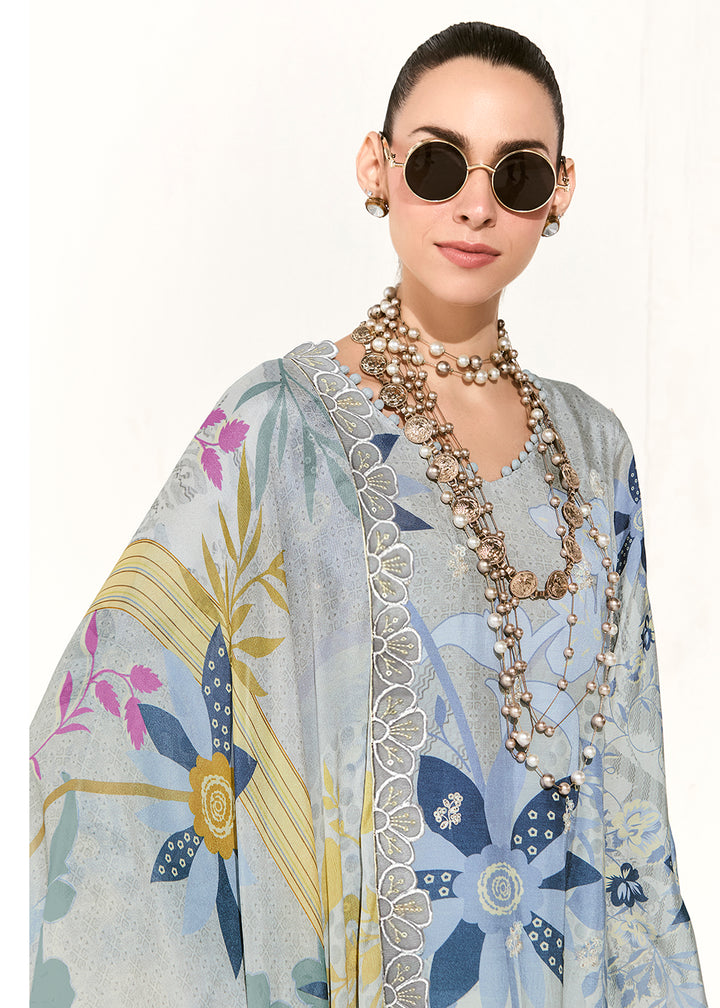 Buy Now Grey Printed & Embroidered Muslin Salwar Suit Online in US, UK, Canada, Germany, Italy, France, Australia, Norway, UAE & Worldwide at Empress Clothing.