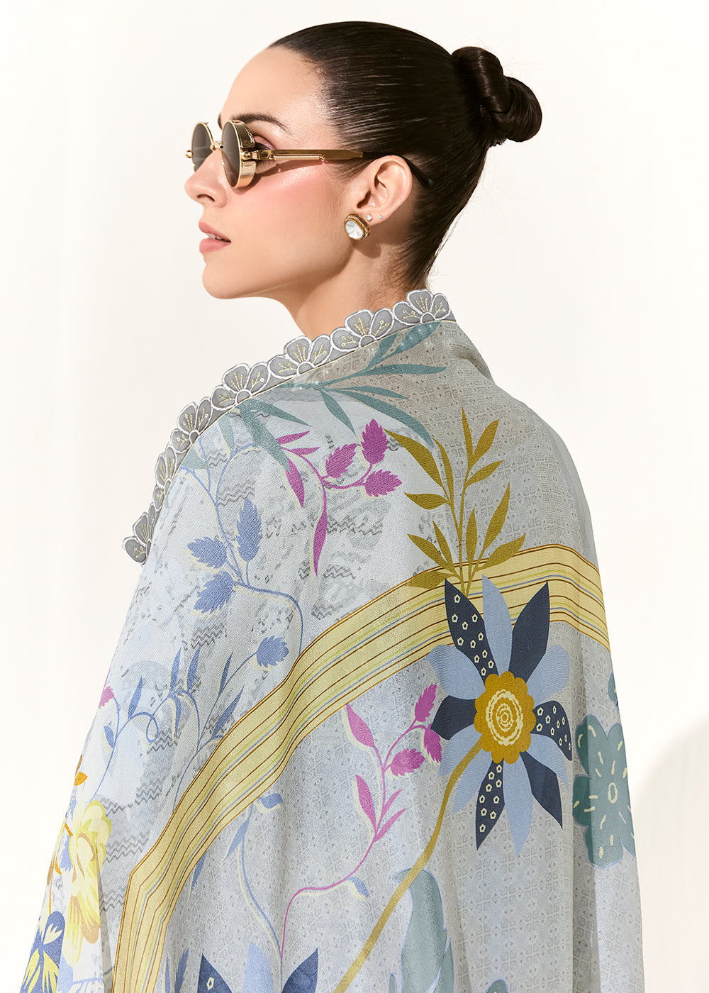 Buy Now Grey Printed & Embroidered Muslin Salwar Suit Online in US, UK, Canada, Germany, Italy, France, Australia, Norway, UAE & Worldwide at Empress Clothing.