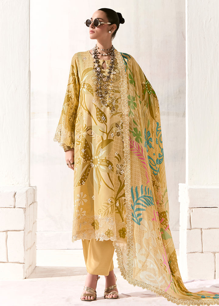 Buy Now Yellow Printed & Embroidered Muslin Salwar Suit Online in US, UK, Canada, Germany, Italy, France, Australia, Norway, UAE & Worldwide at Empress Clothing.
