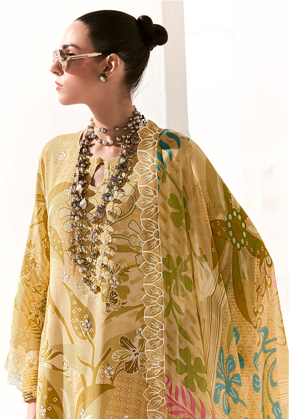 Buy Now Yellow Printed & Embroidered Muslin Salwar Suit Online in US, UK, Canada, Germany, Italy, France, Australia, Norway, UAE & Worldwide at Empress Clothing.
