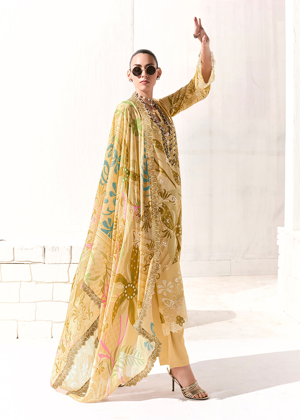 Buy Now Yellow Printed & Embroidered Muslin Salwar Suit Online in US, UK, Canada, Germany, Italy, France, Australia, Norway, UAE & Worldwide at Empress Clothing.