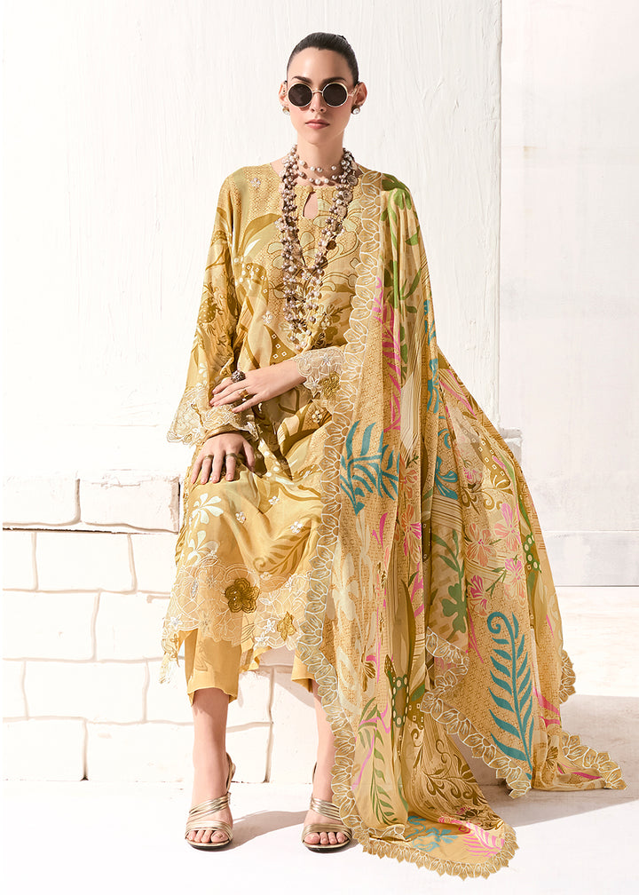 Buy Now Yellow Printed & Embroidered Muslin Salwar Suit Online in US, UK, Canada, Germany, Italy, France, Australia, Norway, UAE & Worldwide at Empress Clothing.