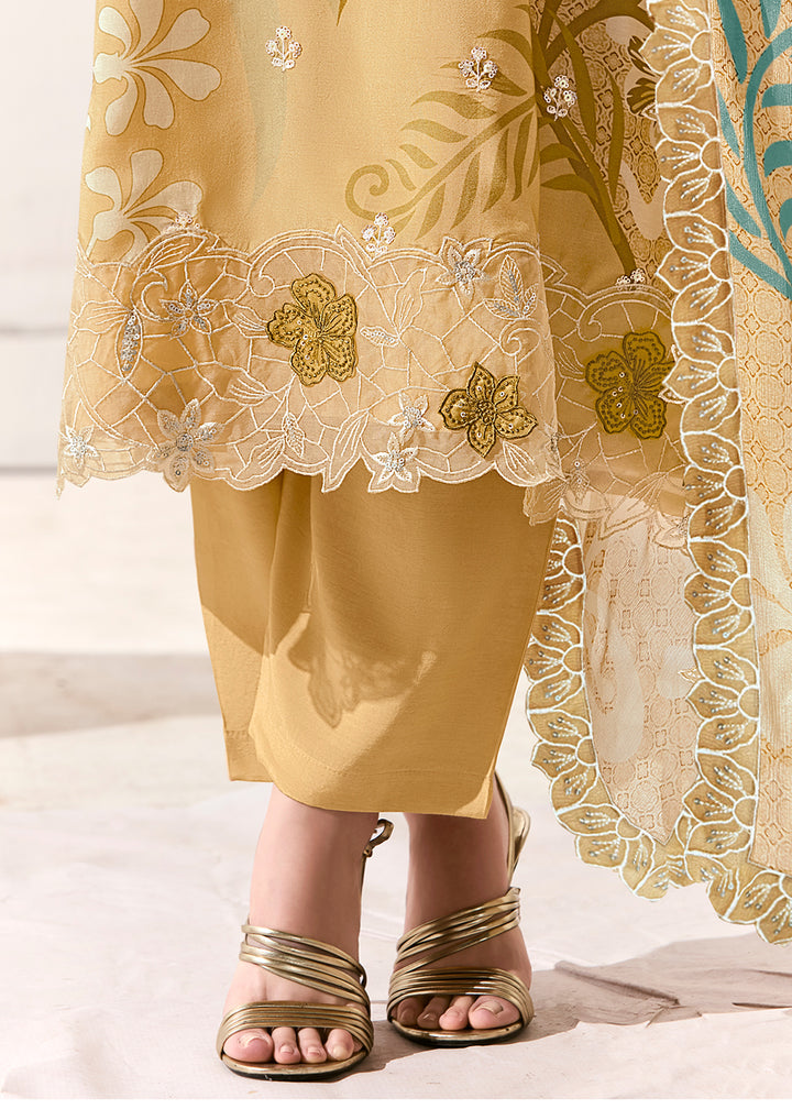 Buy Now Yellow Printed & Embroidered Muslin Salwar Suit Online in US, UK, Canada, Germany, Italy, France, Australia, Norway, UAE & Worldwide at Empress Clothing.