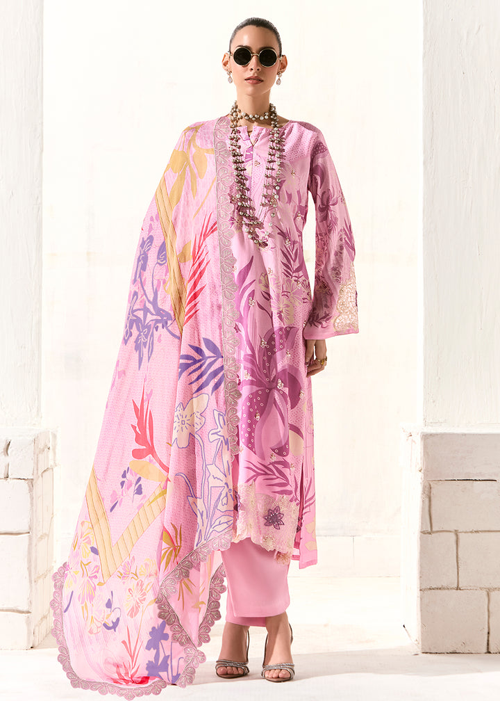 Buy Now Pink Printed & Embroidered Muslin Salwar Suit Online in US, UK, Canada, Germany, Italy, France, Australia, Norway, UAE & Worldwide at Empress Clothing