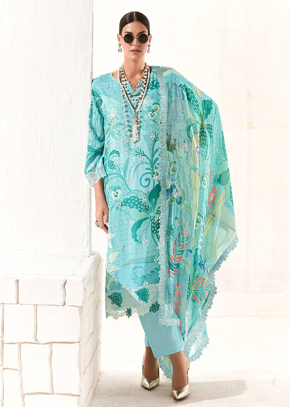 Buy Now Blue Printed & Embroidered Muslin Salwar Suit Online in US, UK, Canada, Germany, Italy, France, Australia, Norway, UAE & Worldwide at Empress Clothing.