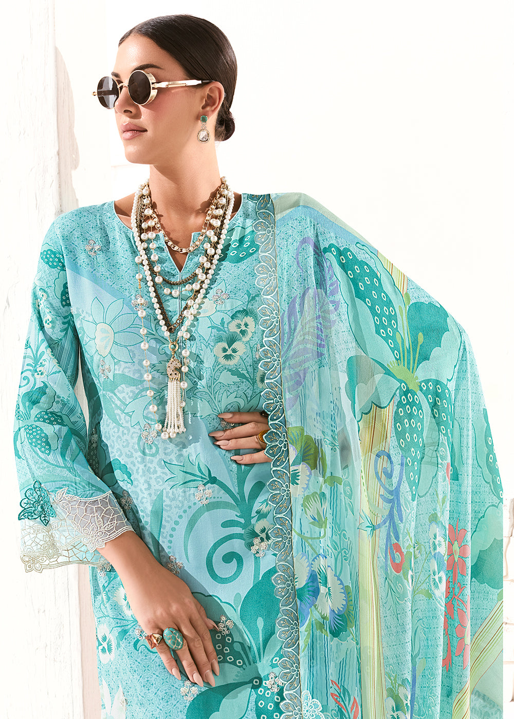 Buy Now Blue Printed & Embroidered Muslin Salwar Suit Online in US, UK, Canada, Germany, Italy, France, Australia, Norway, UAE & Worldwide at Empress Clothing.