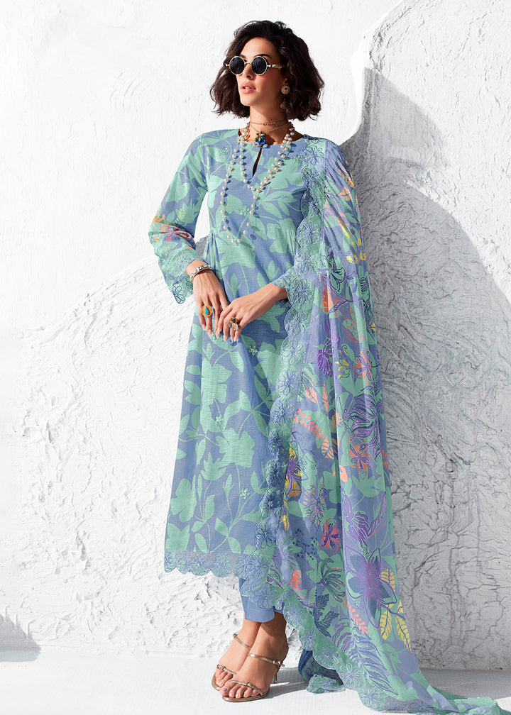 Buy Now Printed Blue Musiln Festive Style Salwar Suit Online in US, UK, Canada, Germany, Italy, France, Australia, Norway, UAE & Worldwide at Empress Clothing.