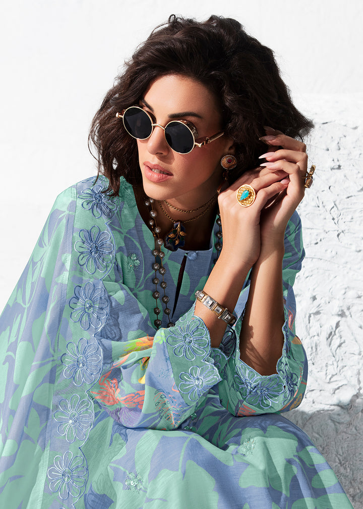 Buy Now Printed Blue Musiln Festive Style Salwar Suit Online in US, UK, Canada, Germany, Italy, France, Australia, Norway, UAE & Worldwide at Empress Clothing.