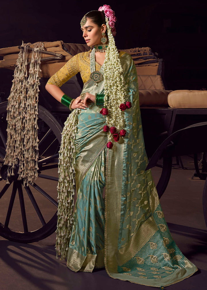 Buy Heavy Designer Silk Sea Blue Embroidered Bridal Wear Saree Online in USA, UK, Canada, Spain, France, Germany, Italy, Austria, UAE & Worldwide at Empress.