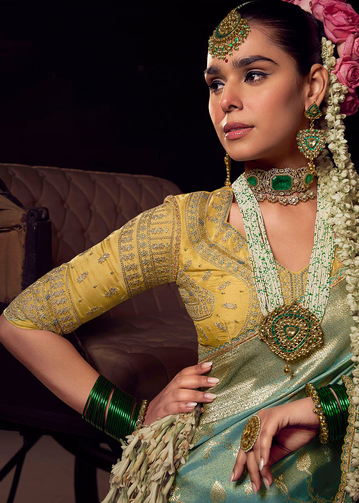 Buy Heavy Designer Silk Sea Blue Embroidered Bridal Wear Saree Online in USA, UK, Canada, Spain, France, Germany, Italy, Austria, UAE & Worldwide at Empress.