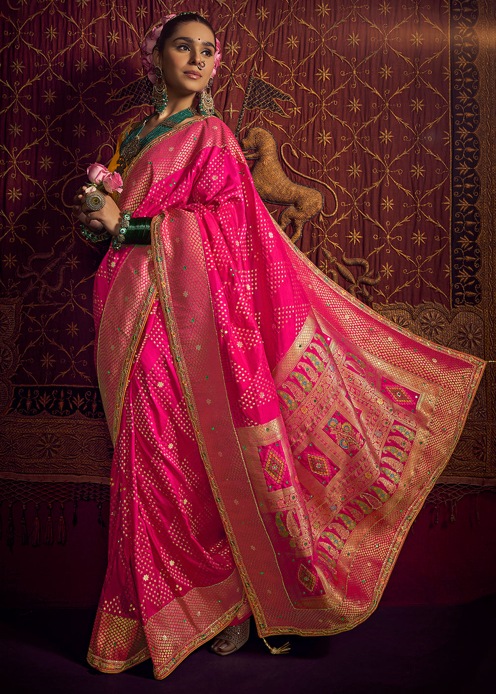 Buy Now Pink Vicose Dola Silk Designer Embroidered Saree Online in US, UK, Canada, France, Germany, Denmark, Sweden, Italy, Greece, UAE & Worldwide at Empress.