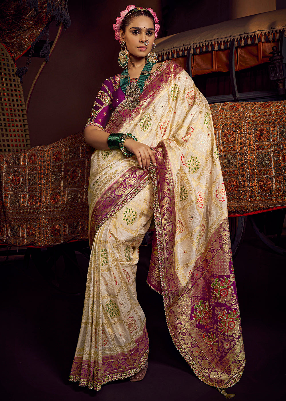 Buy Now Cream Vicose Dola Silk Designer Embroidered Saree Online in US, UK, Canada, France, Germany, Denmark, Sweden, Italy, Greece, UAE & Worldwide at Empress.