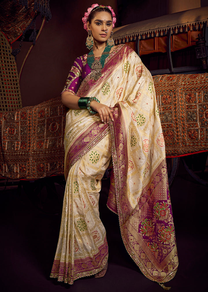 Buy Now Cream Vicose Dola Silk Designer Embroidered Saree Online in US, UK, Canada, France, Germany, Denmark, Sweden, Italy, Greece, UAE &amp; Worldwide at Empress.