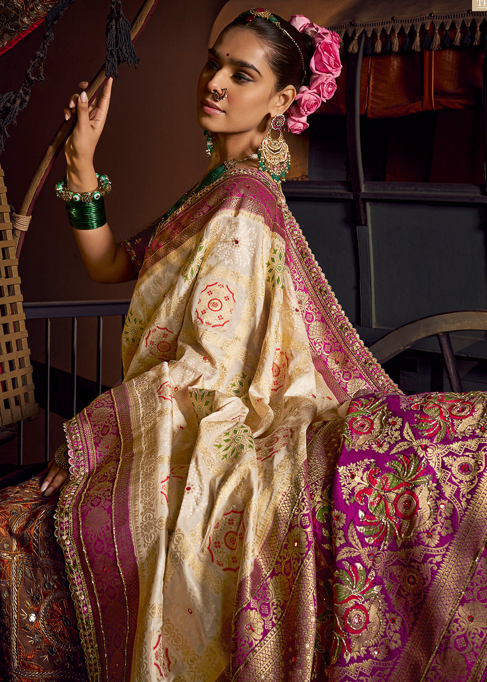 Buy Now Cream Vicose Dola Silk Designer Embroidered Saree Online in US, UK, Canada, France, Germany, Denmark, Sweden, Italy, Greece, UAE &amp; Worldwide at Empress.