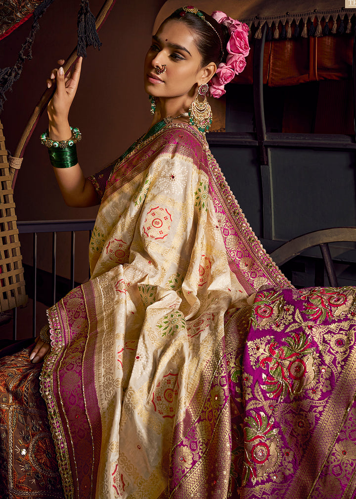 Buy Now Cream Vicose Dola Silk Designer Embroidered Saree Online in US, UK, Canada, France, Germany, Denmark, Sweden, Italy, Greece, UAE &amp; Worldwide at Empress.