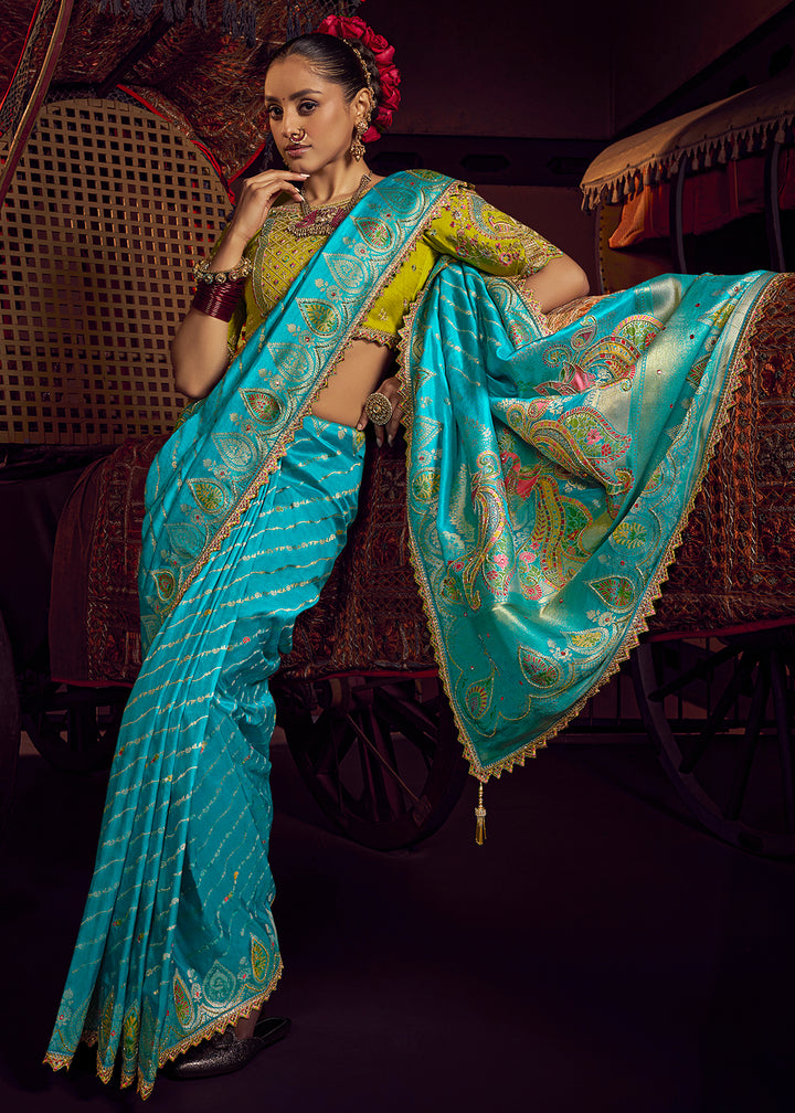 Buy Now Aqua Vicose Dola Silk Designer Embroidered Saree Online in US, UK, Canada, France, Germany, Denmark, Sweden, Italy, Greece, UAE &amp; Worldwide at Empress.