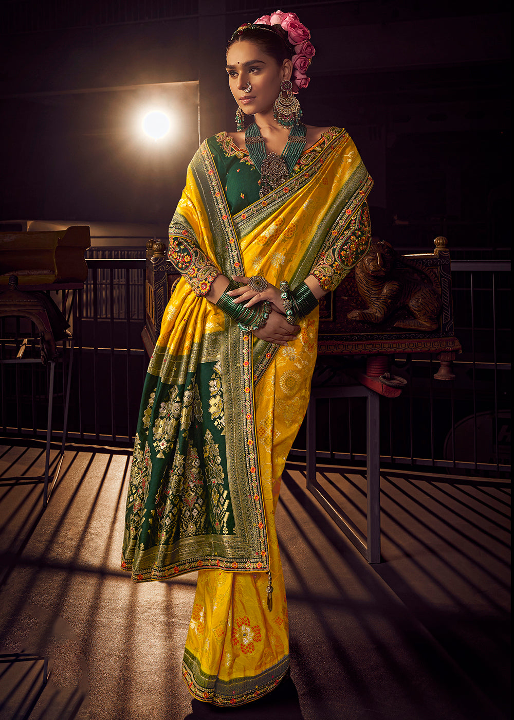 Buy Now Yellow Vicose Dola Silk Designer Embroidered Saree Online in US, UK, Canada, France, Germany, Denmark, Sweden, Italy, Greece, UAE & Worldwide at Empress.
