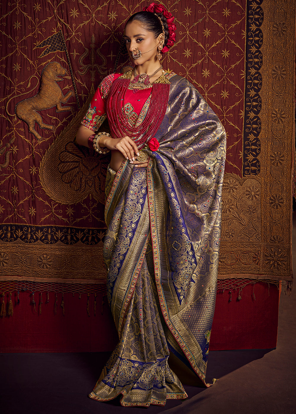 Buy Now Blue Vicose Dola Silk Designer Embroidered Saree Online in US, UK, Canada, France, Germany, Denmark, Sweden, Italy, Greece, UAE & Worldwide at Empress.