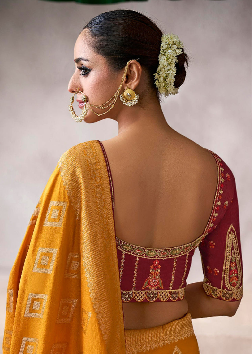 Buy Now Mustard &amp; Red Crepe Silk Embroidery Wedding Saree Online in US, UK, Canada, France, Germany, Denmark, Sweden, Australia, UAE &amp; Worldwide at Empress.
