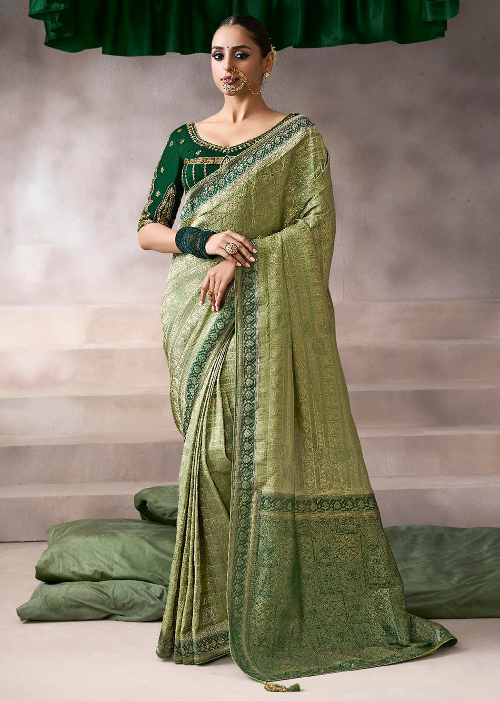 Buy Now Light & Dark Green Crepe Silk Embroidery Wedding Saree Online in US, UK, Canada, France, Germany, Denmark, Sweden, Australia, UAE & Worldwide at Empress.