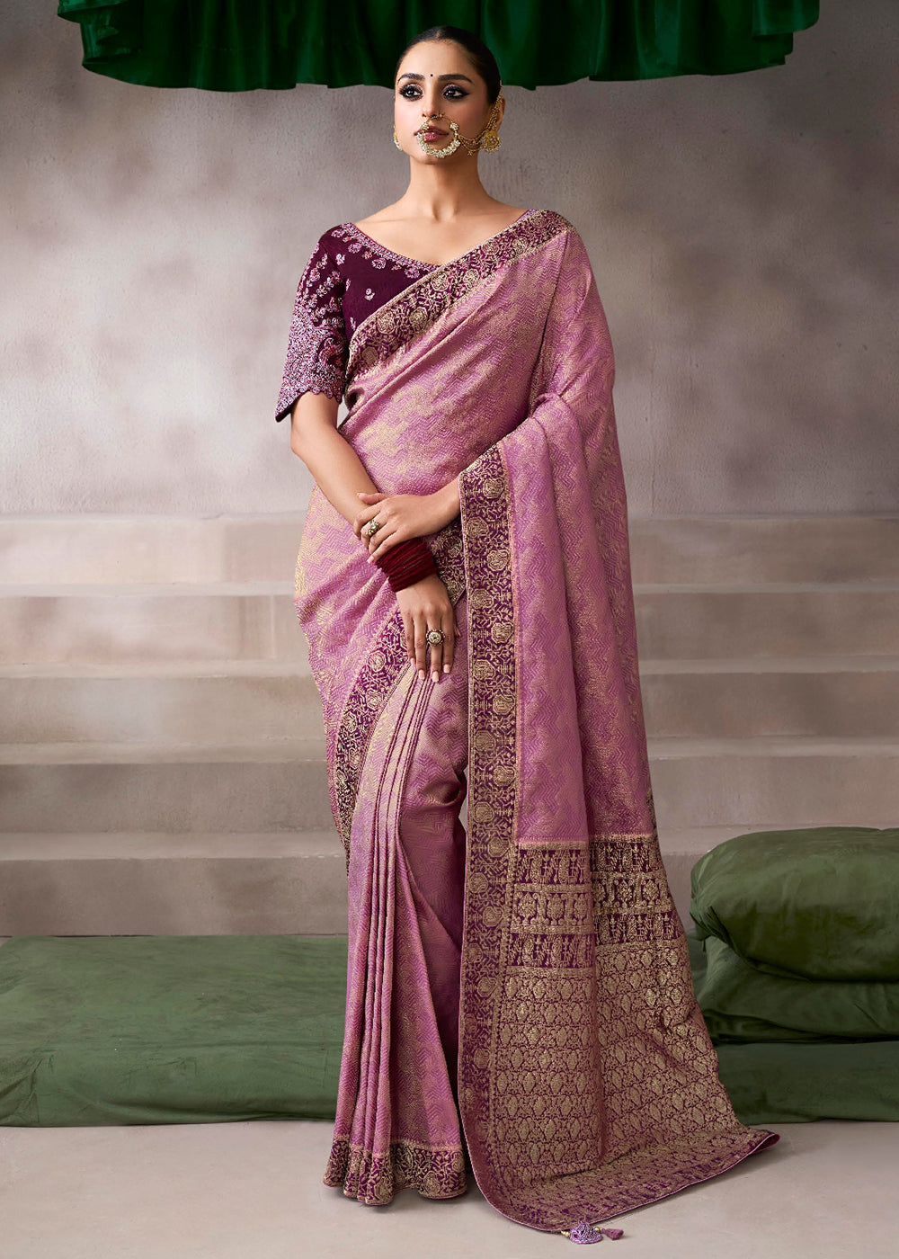 Buy Now Mauve & Purple Crepe Silk Embroidery Wedding Saree Online in US, UK, Canada, France, Germany, Denmark, Sweden, Australia, UAE & Worldwide at Empress.