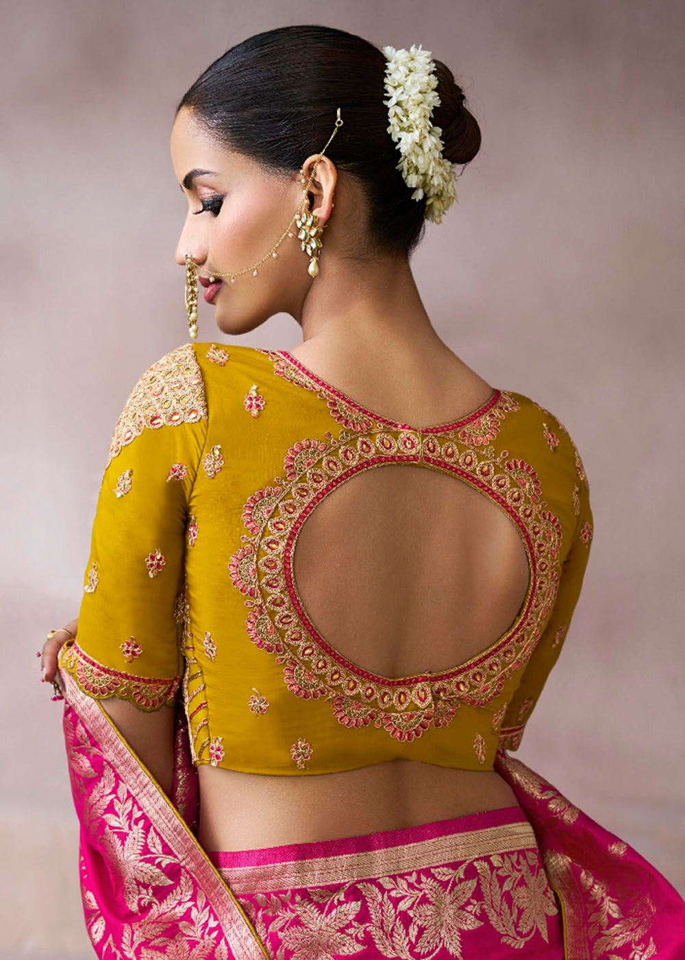 Buy Now Pink &amp; Mustard Crepe Silk Embroidery Wedding Saree Online in US, UK, Canada, France, Germany, Denmark, Sweden, Australia, UAE &amp; Worldwide at Empress.