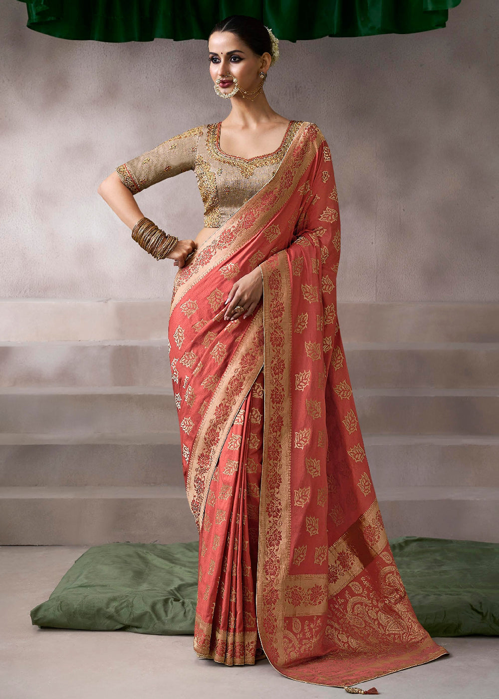 Buy Now Peach & Beige Crepe Silk Embroidery Wedding Saree Online in US, UK, Canada, France, Germany, Denmark, Sweden, Australia, UAE & Worldwide at Empress.