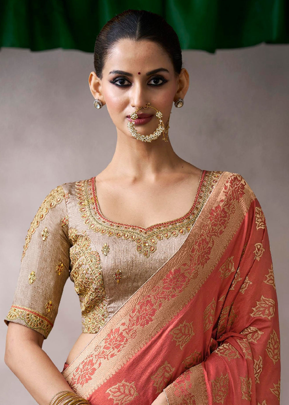 Buy Now Peach & Beige Crepe Silk Embroidery Wedding Saree Online in US, UK, Canada, France, Germany, Denmark, Sweden, Australia, UAE & Worldwide at Empress.