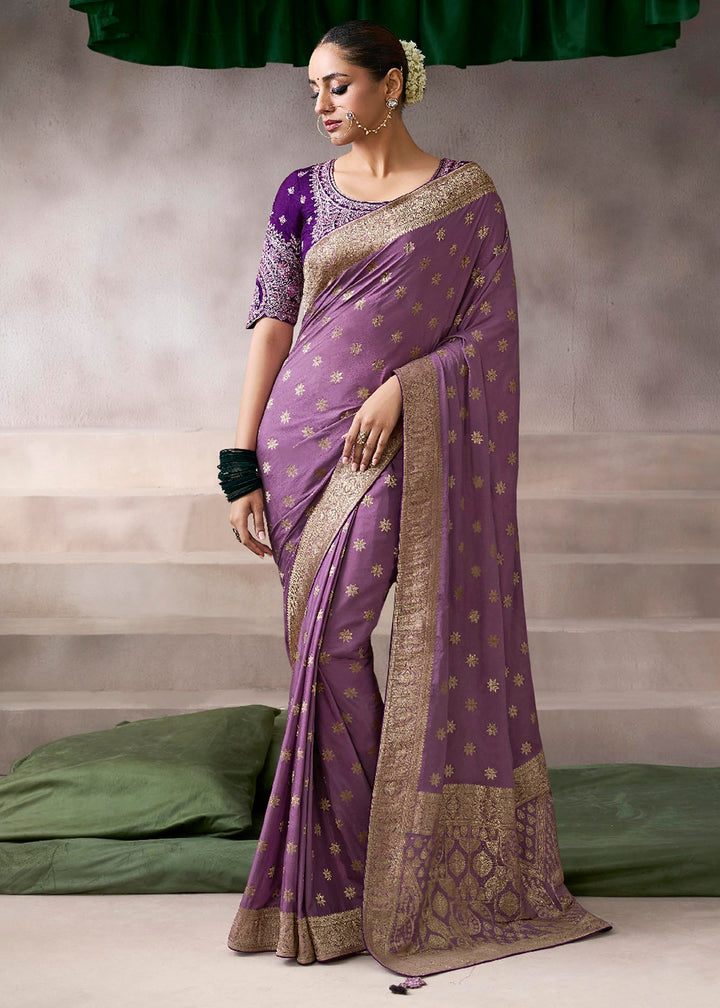 Buy Now Lavender &amp; Purple Crepe Silk Embroidery Wedding Saree Online in US, UK, Canada, France, Germany, Denmark, Sweden, Australia, UAE &amp; Worldwide at Empress.