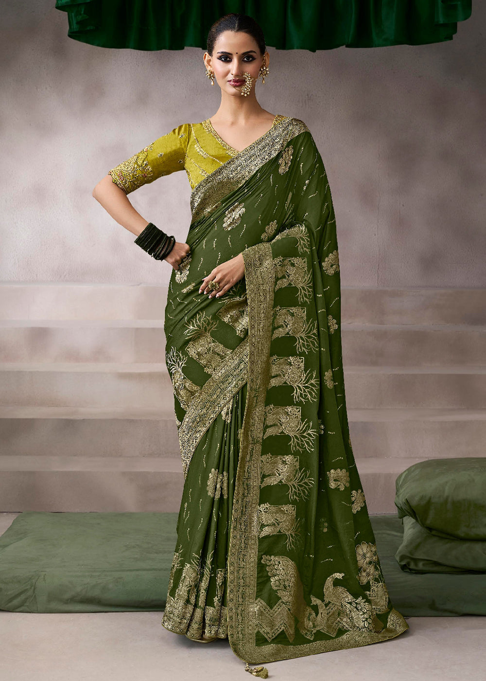 Buy Now Dark & Lime Green Crepe Silk Embroidery Wedding Saree Online in US, UK, Canada, France, Germany, Denmark, Sweden, Australia, UAE & Worldwide at Empress.