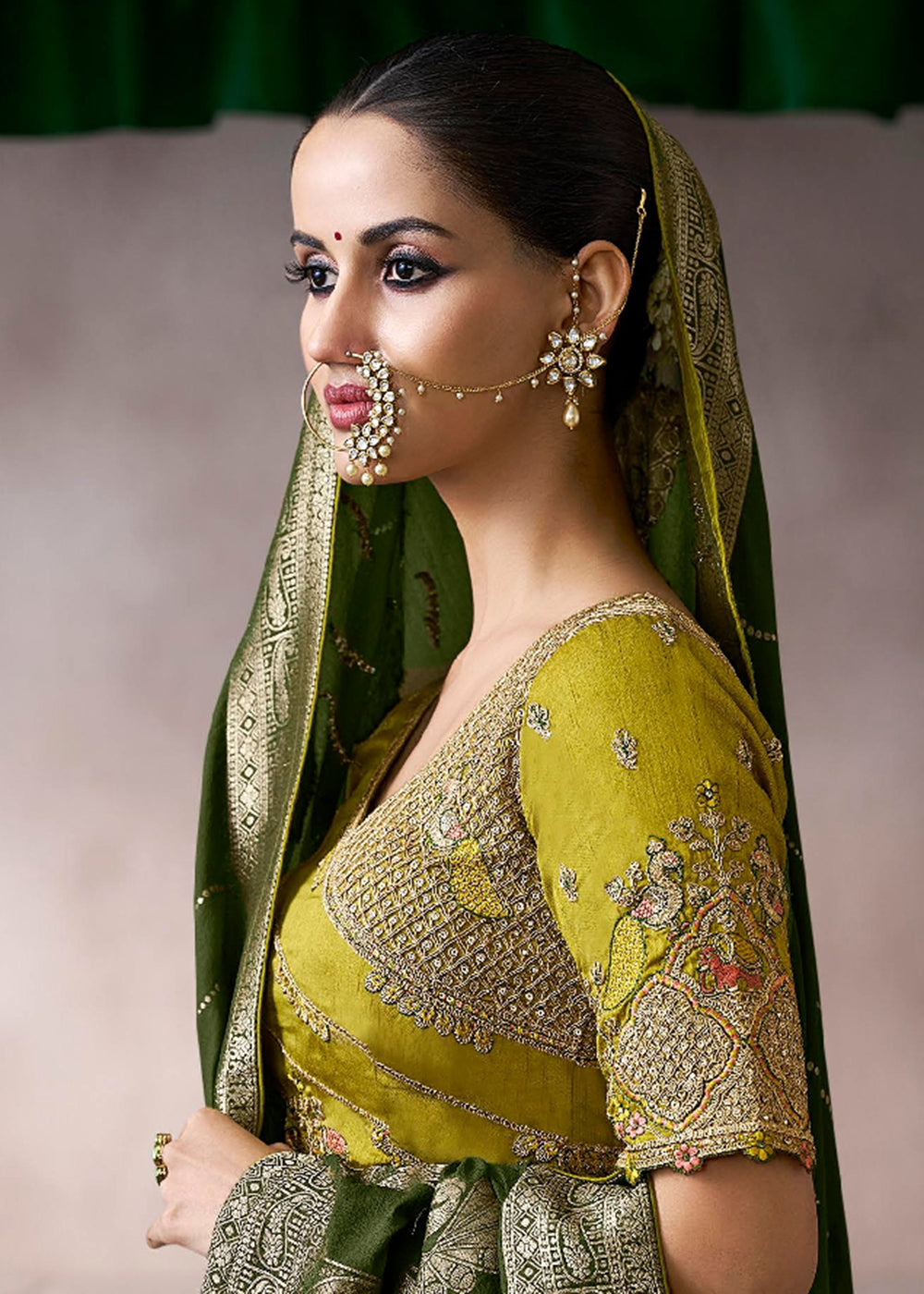 Buy Now Dark & Lime Green Crepe Silk Embroidery Wedding Saree Online in US, UK, Canada, France, Germany, Denmark, Sweden, Australia, UAE & Worldwide at Empress.
