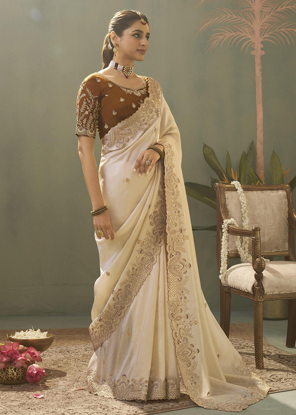 Buy NowCream Upada Silk Weaving Fabric Embroidered Designer Saree Online in US, UK, Canada, France, Germany, Denmark, Sweden, Italy, UAE & Worldwide at Empress.