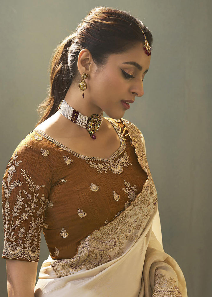 Buy NowCream Upada Silk Weaving Fabric Embroidered Designer Saree Online in US, UK, Canada, France, Germany, Denmark, Sweden, Italy, UAE &amp; Worldwide at Empress.