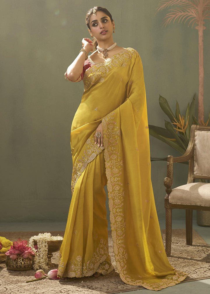 Yellow Upada Silk Weaving Fabric Embroidered Designer Saree