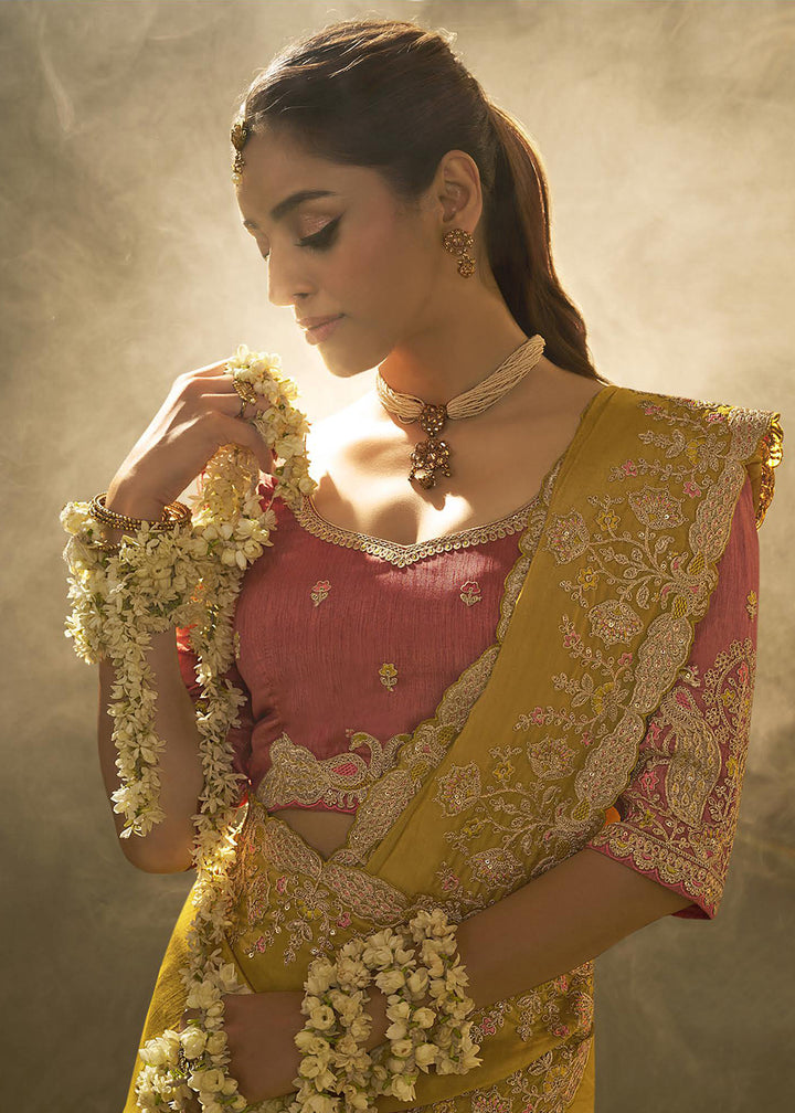 Yellow Upada Silk Weaving Fabric Embroidered Designer Saree
