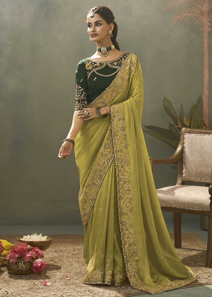 Green Upada Silk Weaving Fabric Embroidered Designer Saree