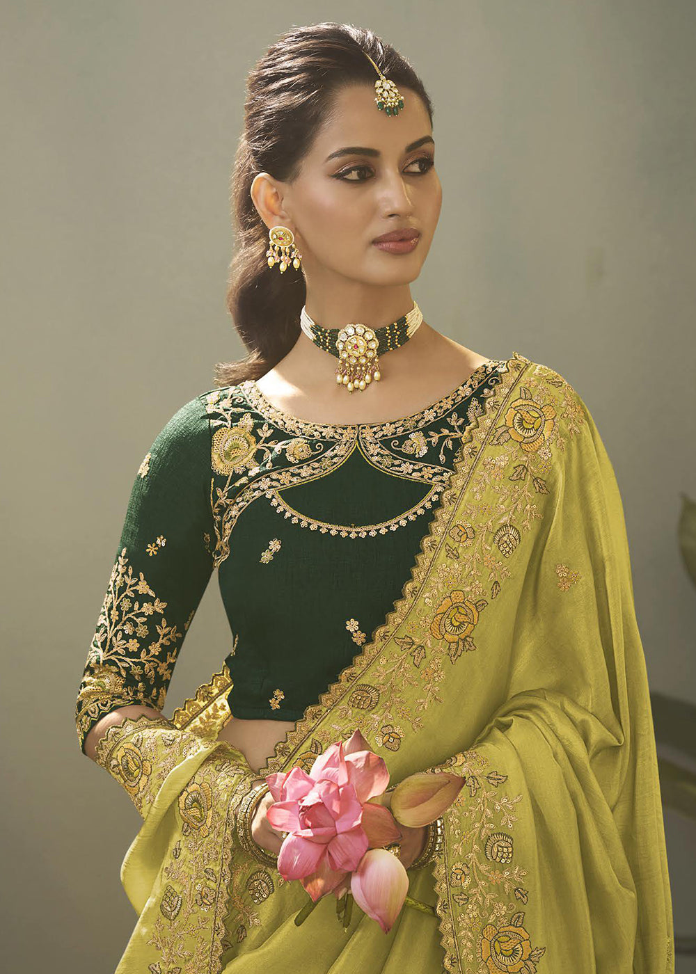 Green Upada Silk Weaving Fabric Embroidered Designer Saree