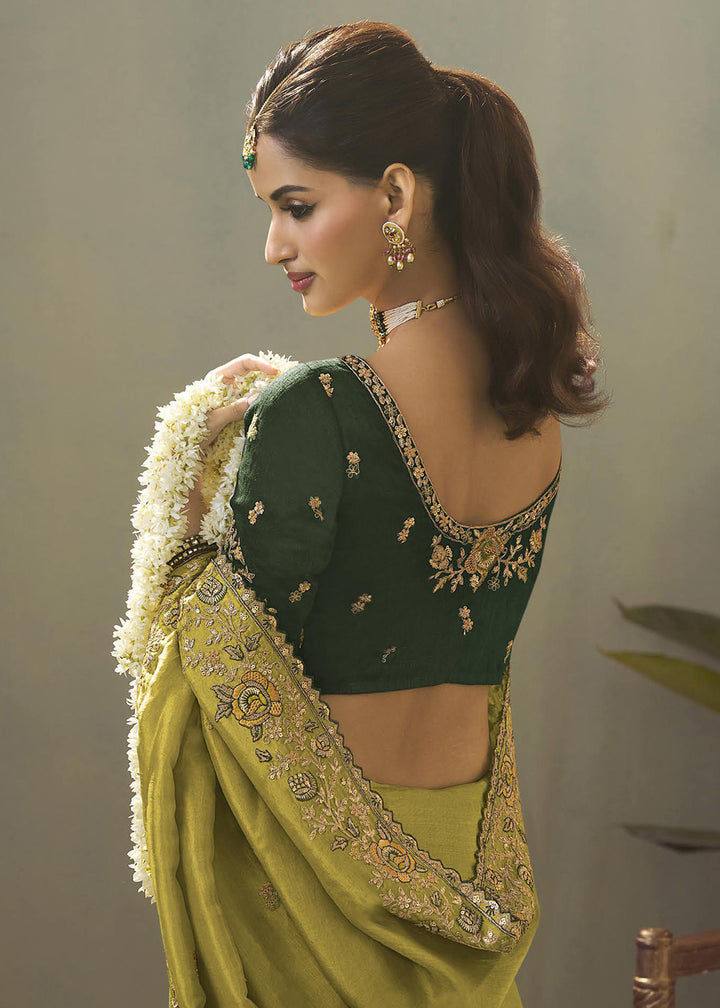 Green Upada Silk Weaving Fabric Embroidered Designer Saree