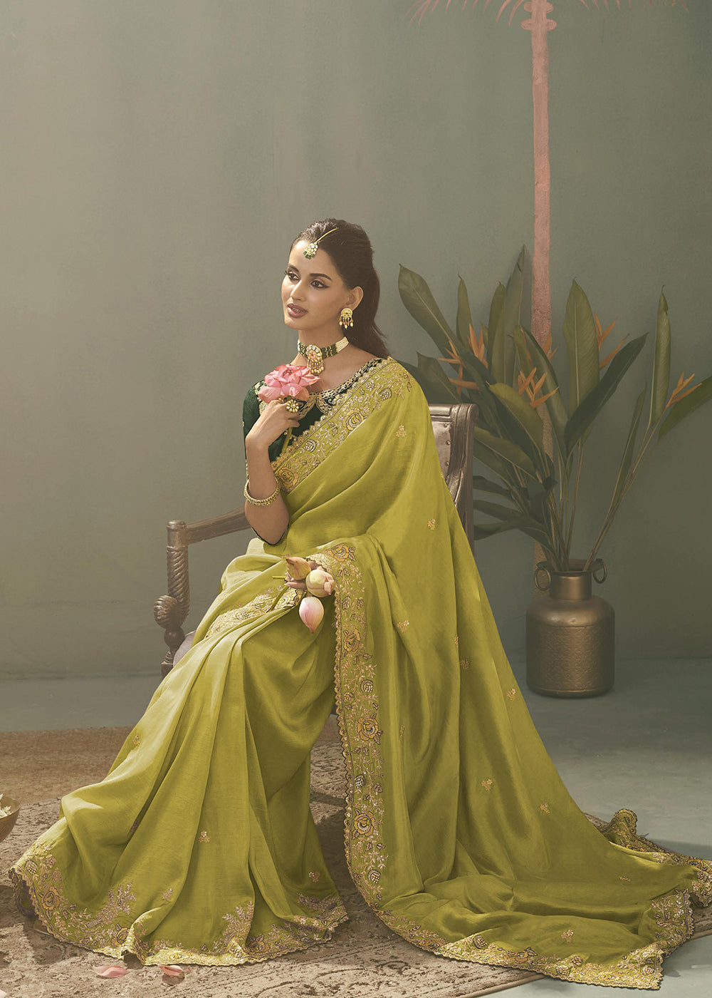 Green Upada Silk Weaving Fabric Embroidered Designer Saree