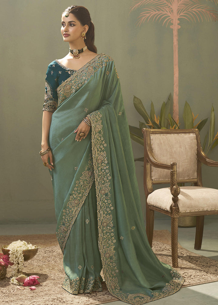 Teal Upada Silk Weaving Fabric Embroidered Designer Saree