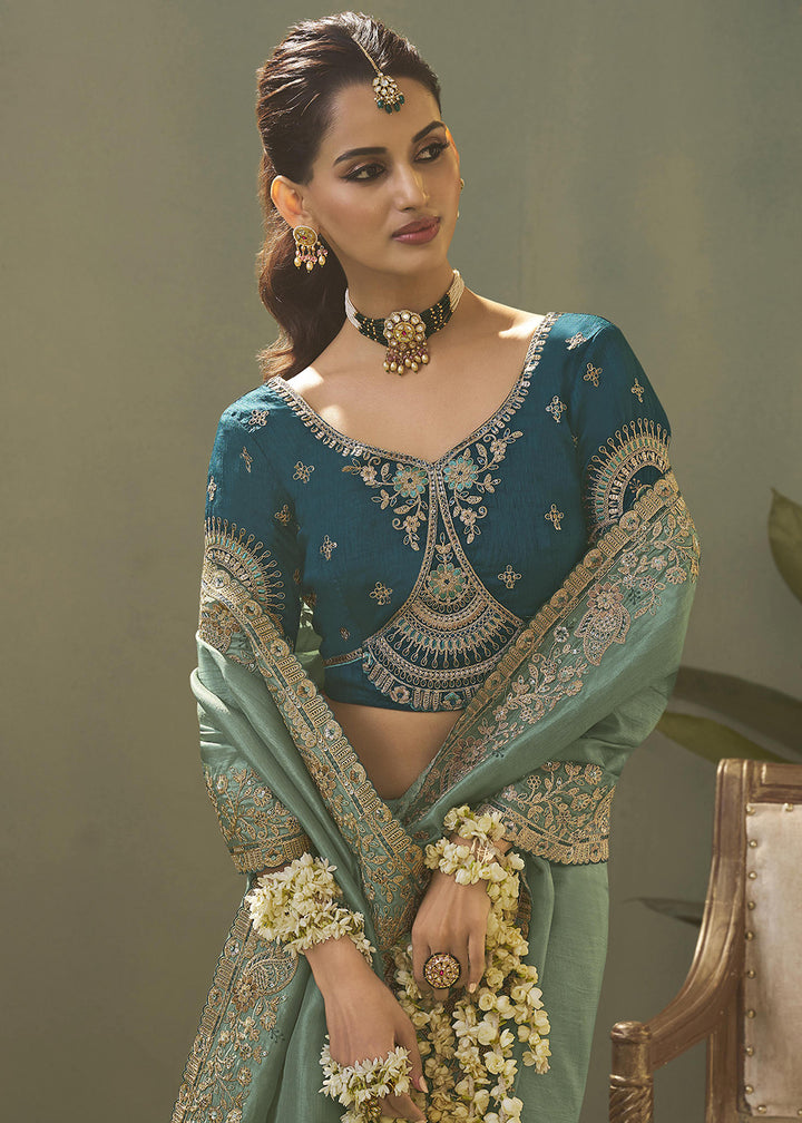 Teal Upada Silk Weaving Fabric Embroidered Designer Saree