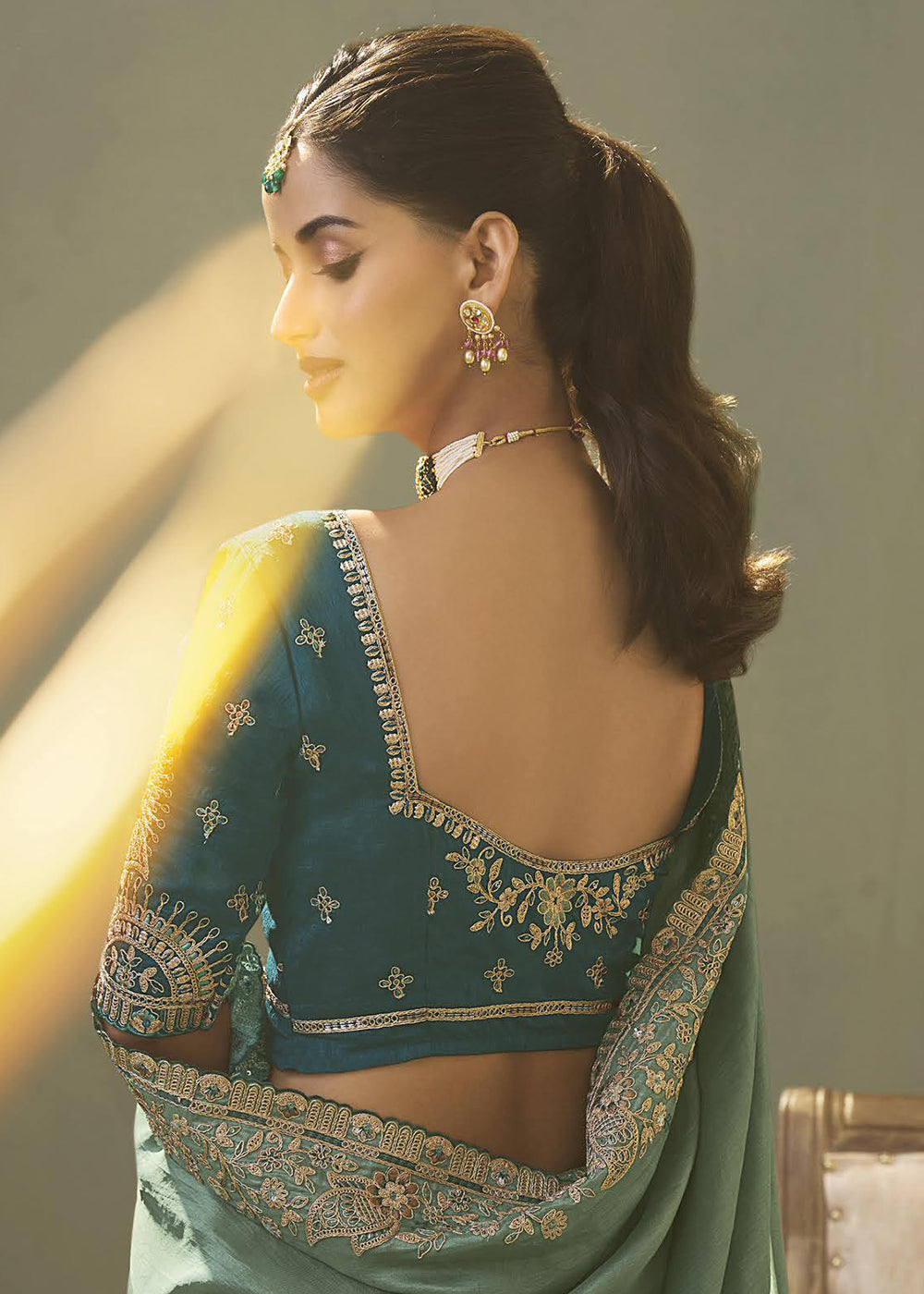 Teal Upada Silk Weaving Fabric Embroidered Designer Saree