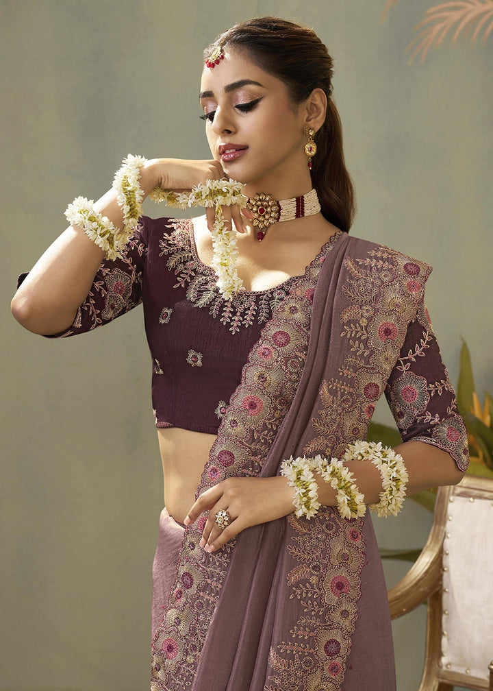 Mauve Upada Silk Weaving Fabric Embroidered Designer Saree
