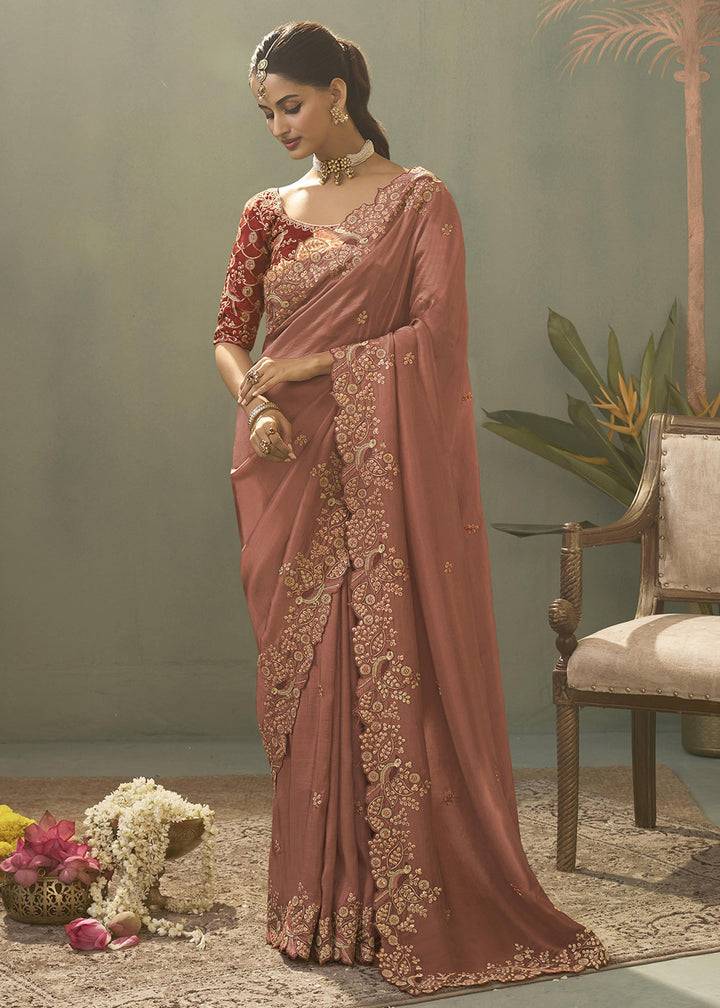 Pink Upada Silk Weaving Fabric Embroidered Designer Saree