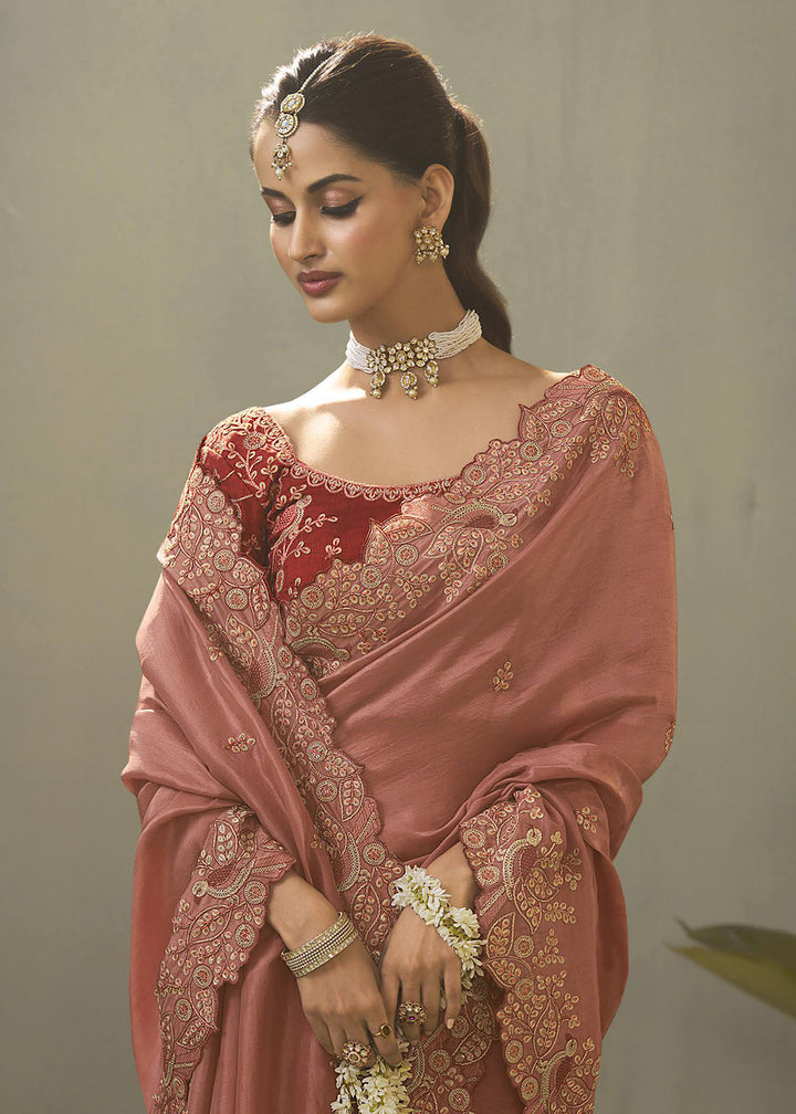 Pink Upada Silk Weaving Fabric Embroidered Designer Saree