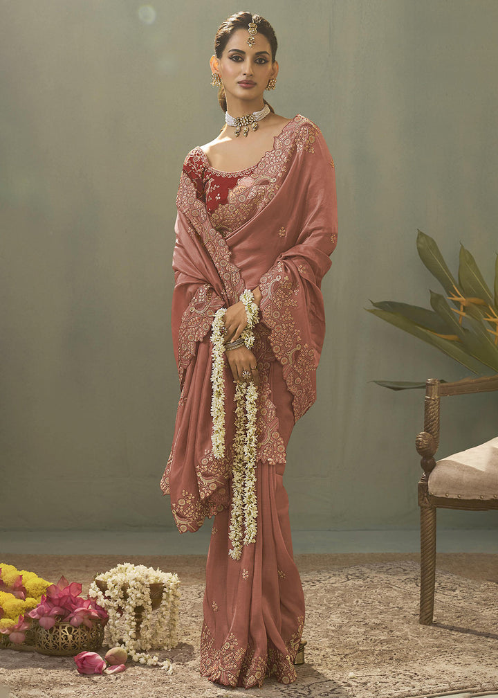 Pink Upada Silk Weaving Fabric Embroidered Designer Saree