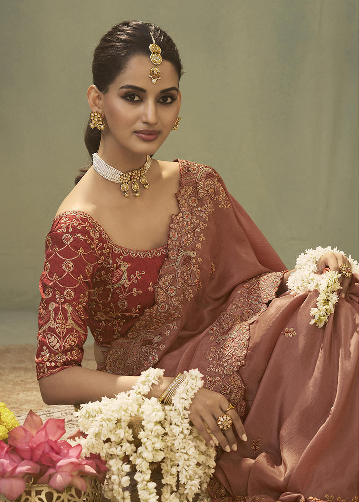 Pink Upada Silk Weaving Fabric Embroidered Designer Saree