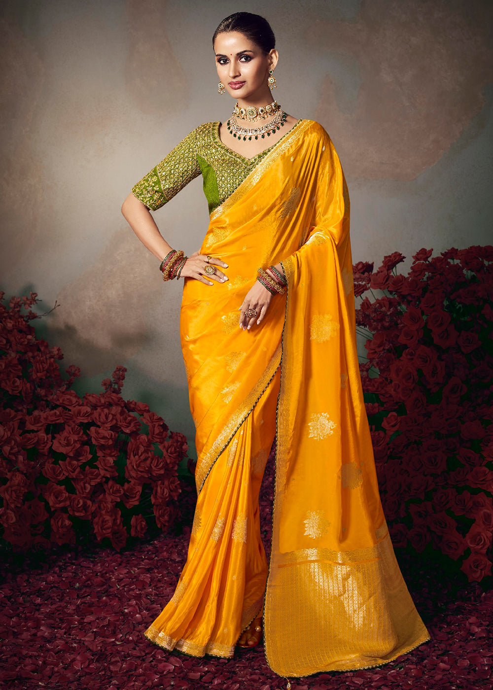 Buy Now Yellow Fancy Silk Material Function Wear Saree Online in US, UK, Canada, France, Germany, Denmark, Sweden, Italy, Greece, UAE & Worldwide at Empress.